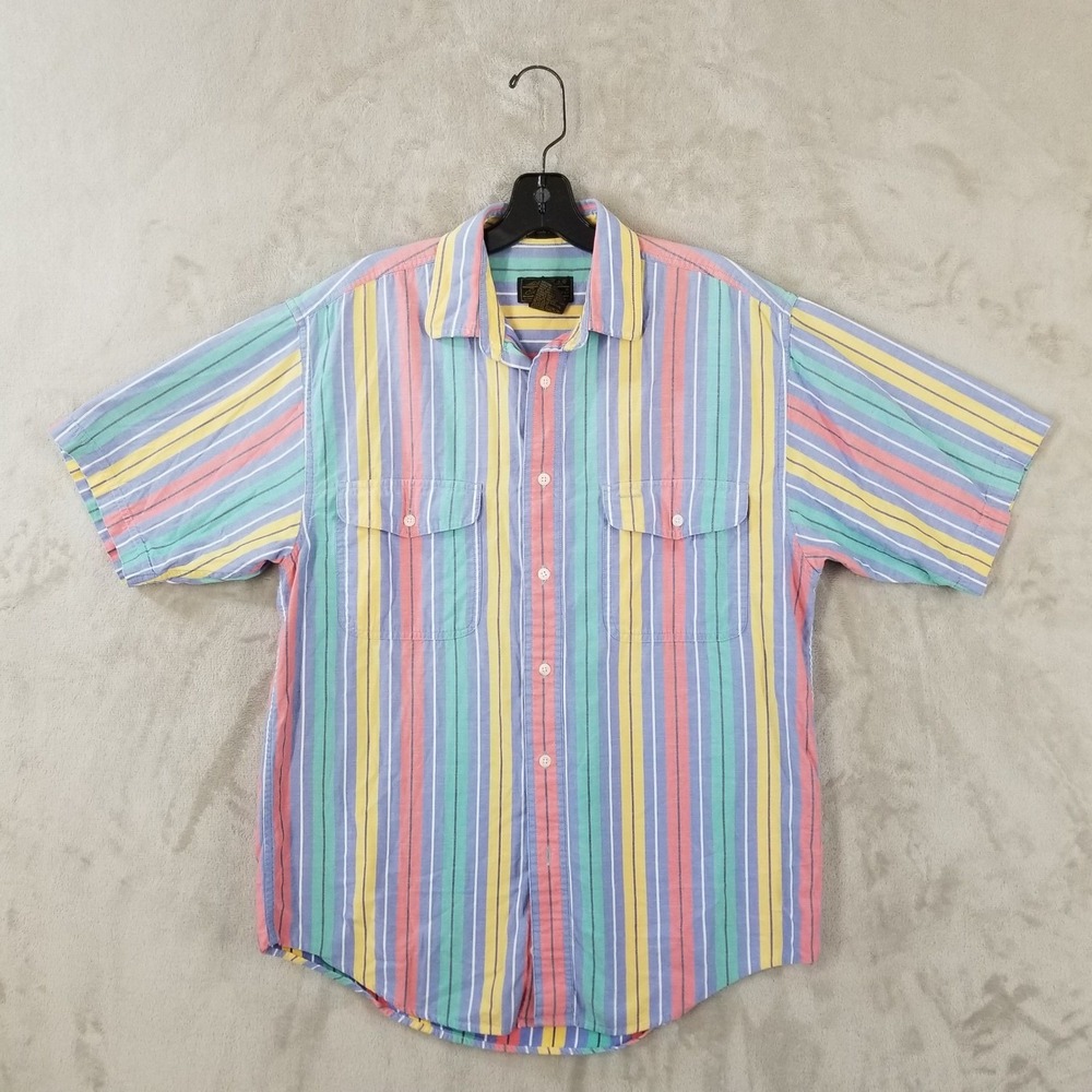 Vtg‎ Eddie Bauer Shirt Mens M Rufton Twill Multi Color Pastel Vertical Stripe